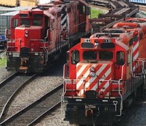 Freight locomotives in a rail yard